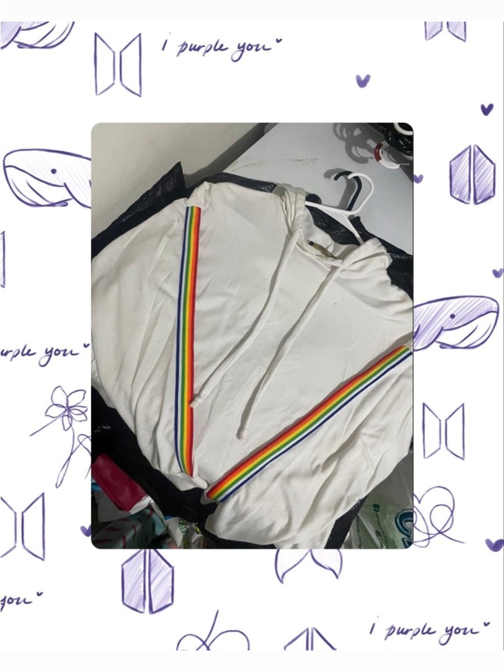 White Hoodie with Rainbow Stripe Detail